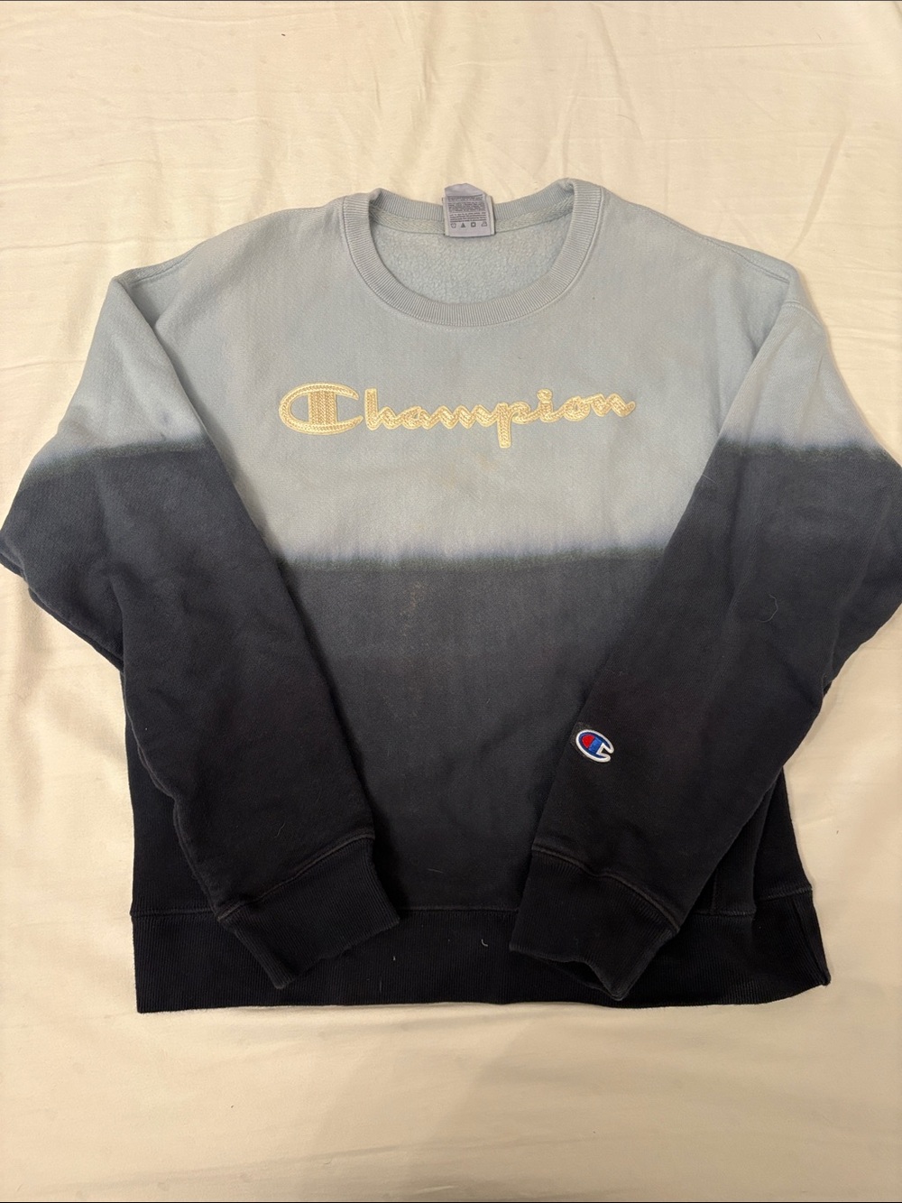 Champion Men's Ombre Crewneck Sweatshirt - Light Blue to Black with Gold Script